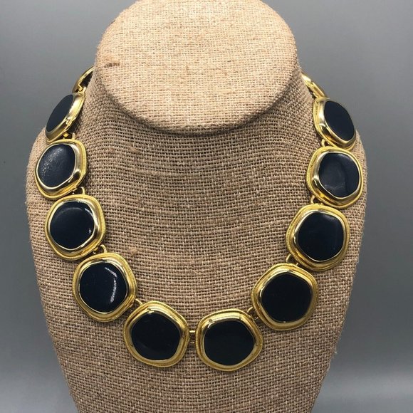 Fashion Jewelry Jewelry - Blue Enamel Statement Necklace Gold Round Disc Toggle Clasp Collar 16"